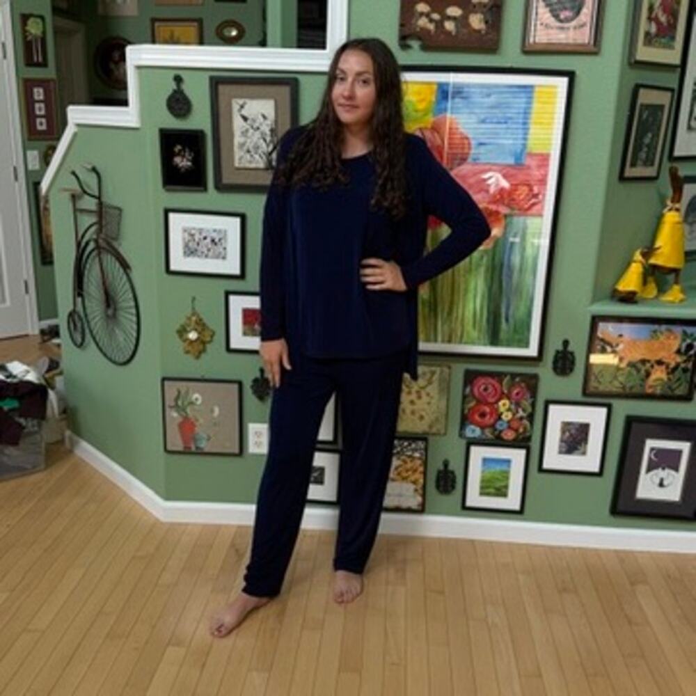 A Touch Of Class Set Women Size S M Navy Blue Slinky Travel 3pc Cardigan Pants